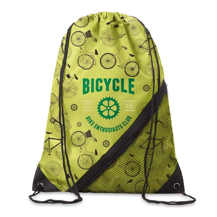 Mochila de cuerdas de poliéster 210D con bolsillo de malla con cremallera