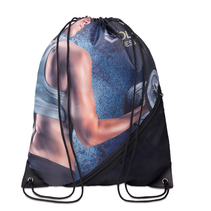 Mochila de cuerdas de RPET con bolsillo de malla con cremallera